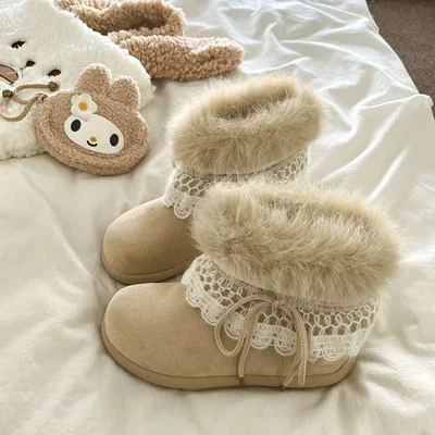 بوت زمستانی مخملی خزدار با تزیین گیپور – استایل کاوایی دخترانه کد 815