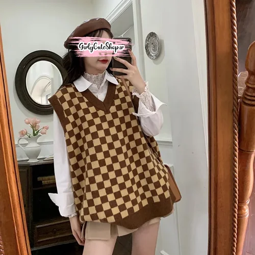 وست / جلیقه بافت مدل وینتیج چهارخونه کد 0570